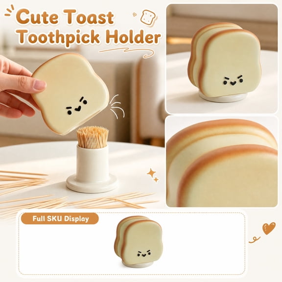 Home & Kitchen Decor, Cute Kitchen Decor, Funny Desk Decor, Kawaii Decor, Whimsical Toast Shaped Toothpick Holder 4X3.5X2 in for Countertop Display, Desktop Organization and