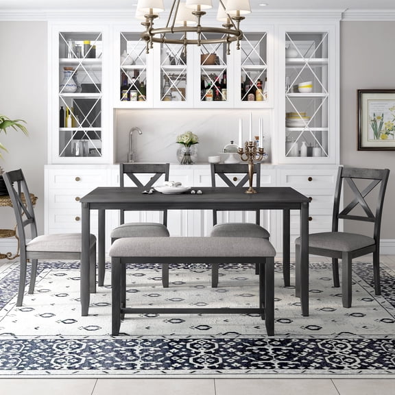 Home Kitchen Dining Set with Dinette Table, 4 Piece Chairs and Bench, Dinette Set Wood Rectangular Breakfast Table with Thick Legs & Distressed Finish, for an Apartment Breakfast, S6407