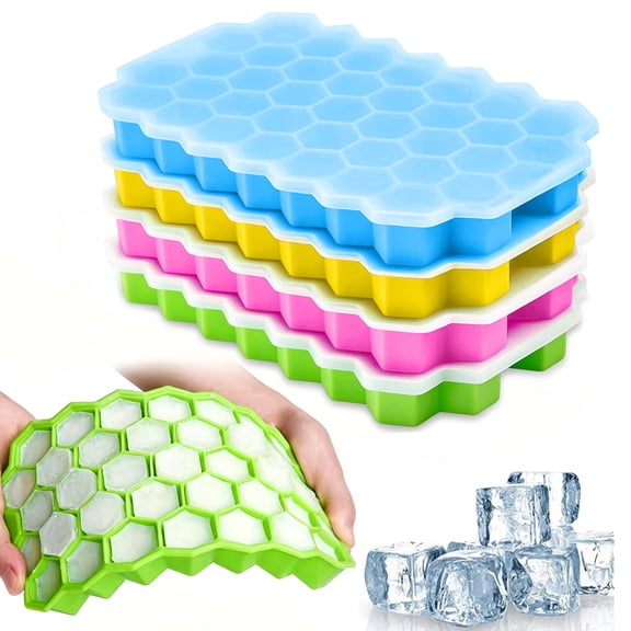 Home Kitchen Ice Mold, Silicone Ice Cube Trays for Freezer, Ice Cube Tray with Lid, Silicone Freezer Tray with Lid, 37-Grid Flexible Yellow Honeycomb Ice Cube Tray