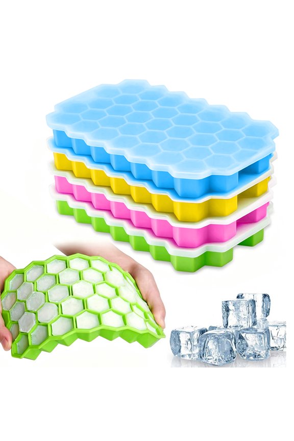 Home Kitchen Ice Mold, Silicone Ice Cube Trays for Freezer, Ice Cube Tray with Lid, Silicone Freezer Tray with Lid, 37-Grid Flexible Yellow Honeycomb Ice Cube Tray