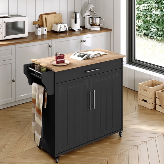 Pingliang Home 35" Kitchen Pantry Cabinet Kitchen Island with Storage,Wood Top Cart with Wheels,Fits for Home Coffee Bar
