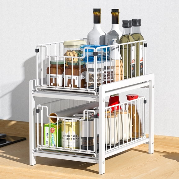 Home Kitchen Pull-Out Sliding Drawer Cabinet Organizer, Slide-Out Stackable Under Sink Cabinet Organizer 2-Tier Storage Shelf, Multipurpose For Kitchen, Bathroom