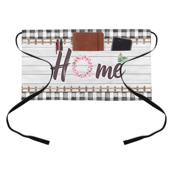 Home Kitchen Restaurant Half Waist Apron, Spring Floral Ring Leaf Wooden Barriers Gray Plaid Wood Grain Server Short Apron with 3 Pockets Waterproof Oil Waist Aprons for Women Waitress Waiter