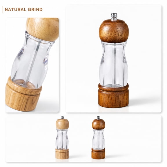 Home & Kitchen Spice Tool, Wooden Spice Mill, Coarse Fine Adjustment, One-Hand Operation, 6X2 Inch Compact Countertop Spice Grinder, Built with Durable Clear Acrylic Body, -Safe