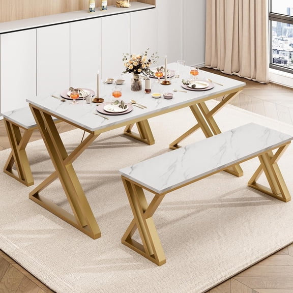 Home Kitchen Table with Benches, 44.8" Dining Table Set for 4, Saving Space Dining Room Table Set for Kitchen, Dining Room, Apartment, Sturdy Metal Frame