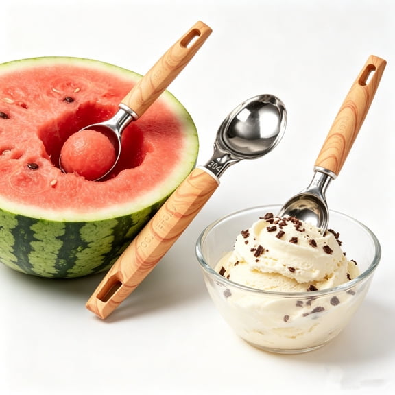 Home Kitchen Tools & Gadgets Stainless Steel Ice Cream Scoop with Wooden Handle Heavy Duty Fruit Baller Spoon Ergonomic Non- Grip Kitchen Gadget for Summer Desserts Melons and Party Platters