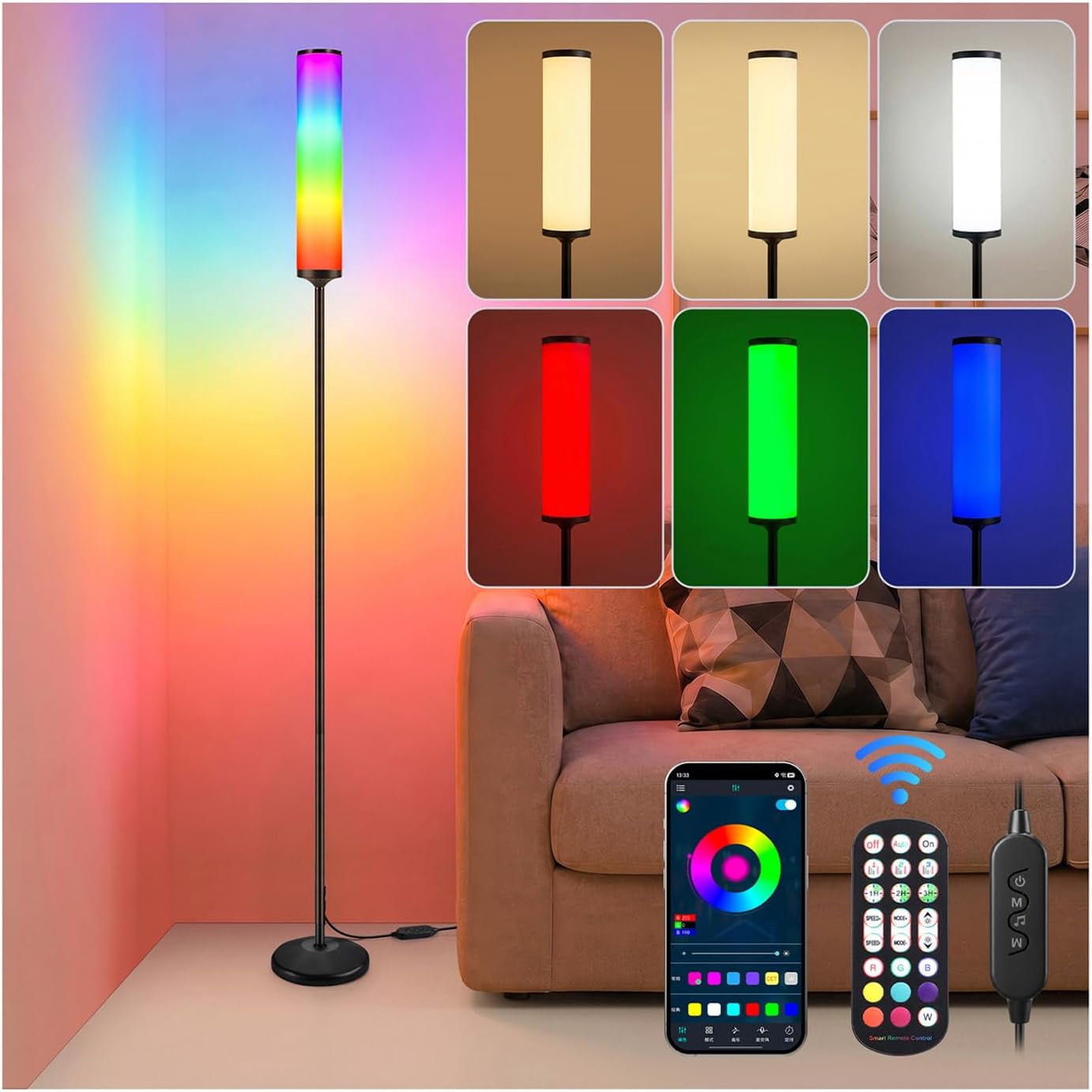 Home LED Floor Lamp, RGB+IC 36W 3600LM Color Changing Smart Light ...