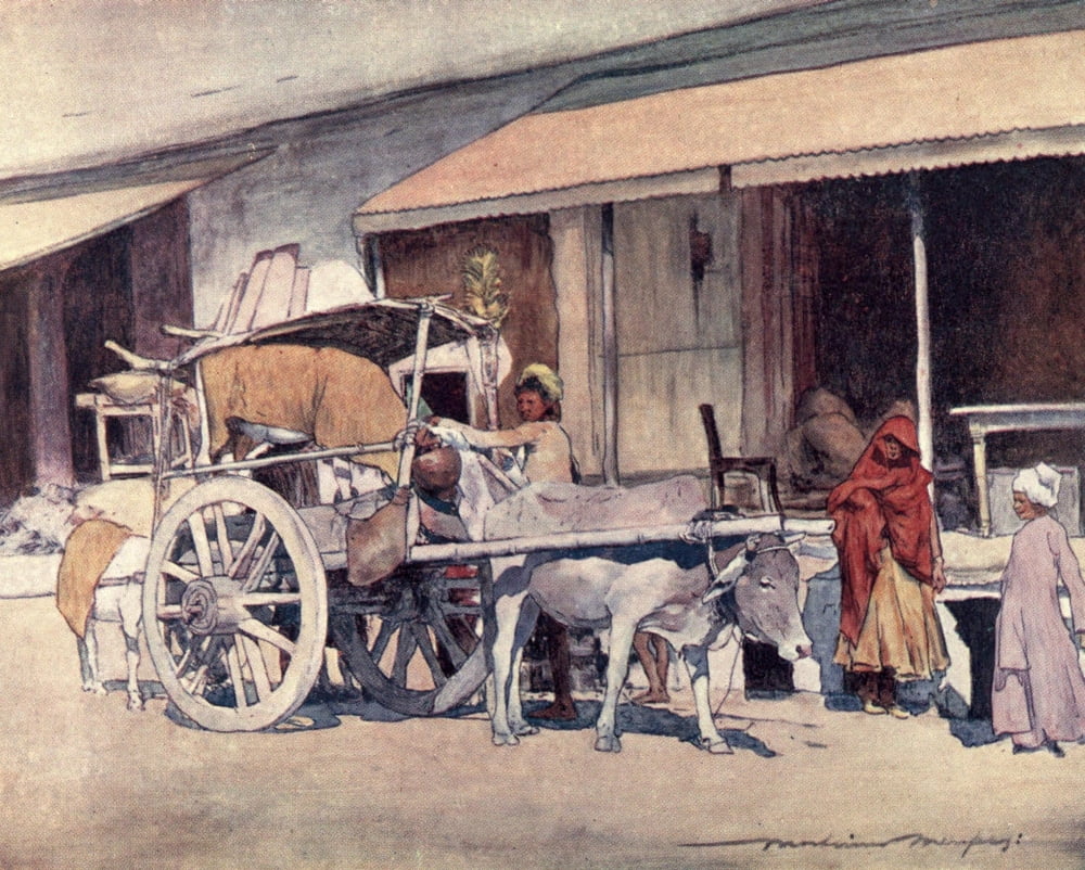 Home Life in India 1917 A bullock cart Canvas Art - Mortimer Menpes (24 x 36)