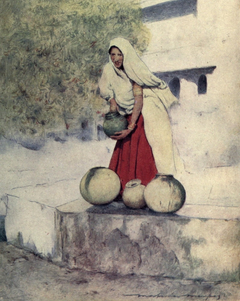 Home Life in India 1917 A woman at the well Canvas Art - Mortimer Menpes (24 x 36)