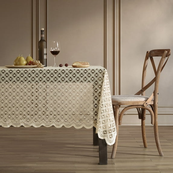 Home & Linens Alona Lace Fabric Tablecloth for Rectangle & Round Tables, Wrinkle Resistant, Patterned Scalloped 60 W x 84 L - Taupe