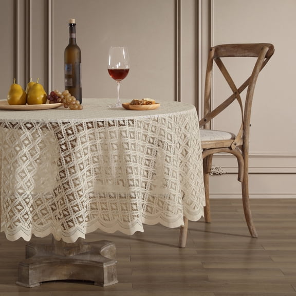 Home & Linens Alona Lace Fabric Tablecloth for Rectangle & Round Tables, Wrinkle Resistant, Patterned Scalloped 70in Round - Taupe