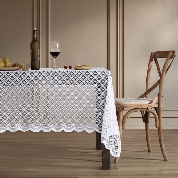 THD Sedona Lace Fabric Tablecloth for Rectangle & Round Tables, Wrinkle Resistant, Patterned Scalloped 70in Round - White