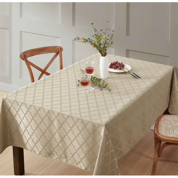 THD Monie Lattice Fabric Tablecloth, Jacquard Fabric Table Cloth for Rectangle Table Advanced Water & Fade Resistance 52 W x 70 L - Taupe