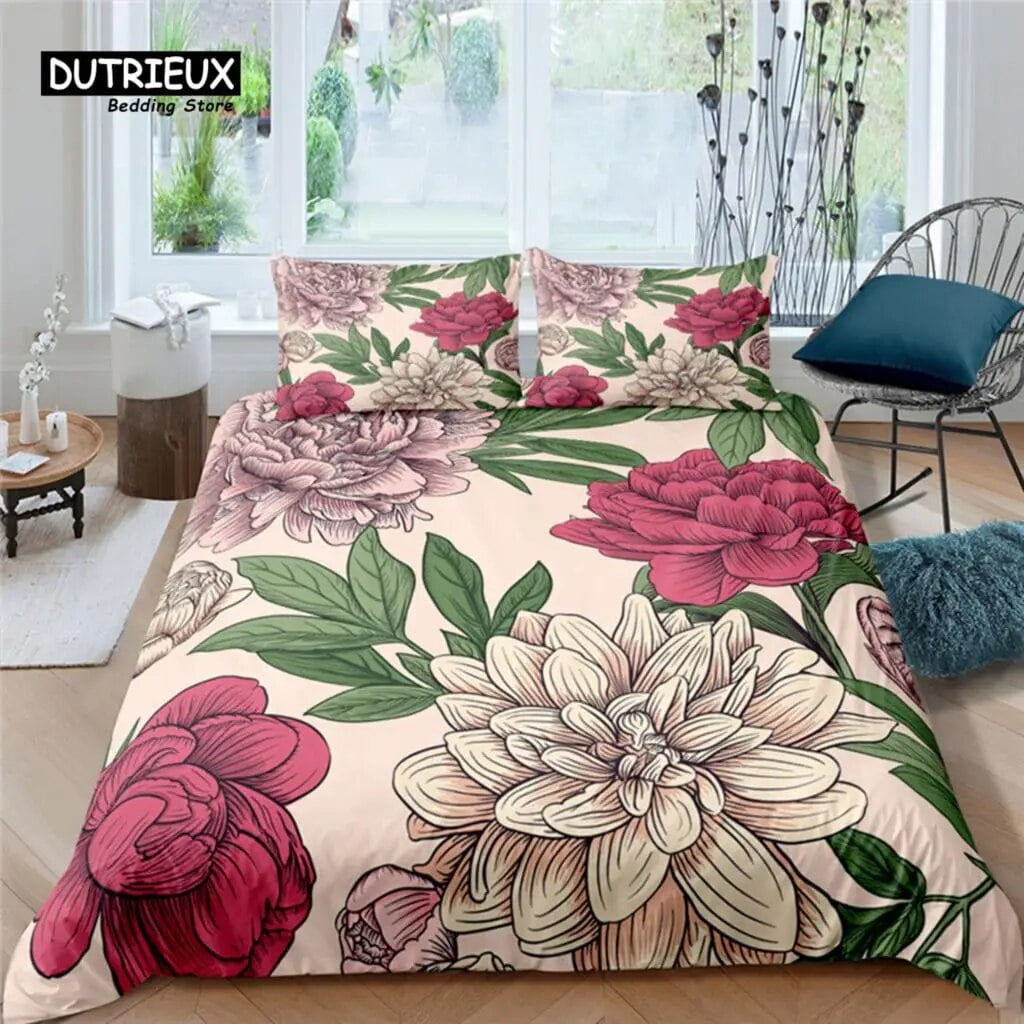 Home Living Luxury Peony Flower Print 3pcs Duvet Cover Set Pillowcase