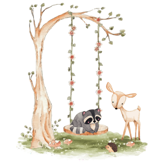 Home Living Room 20" x 24" Vinyl Watercolor Art Decoration Sticker Young Wild Animals Flowering Tree Swing Multicolored Design Kids Nursery Bedroom Adhesive Wall Decal