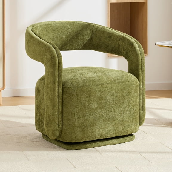 Home Living Room Chair Chenille Fabric Swivel Accent Armchair, Comfy Barrel Leisure Chair With Curved Backrest, Upholstered Reading Chair With Black Swivel Base