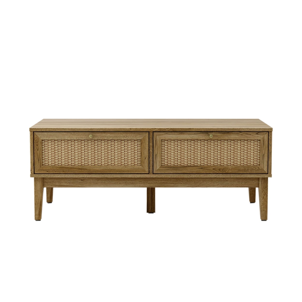 Natural Wood and Rattan Rectangular Coffee Table with Storage