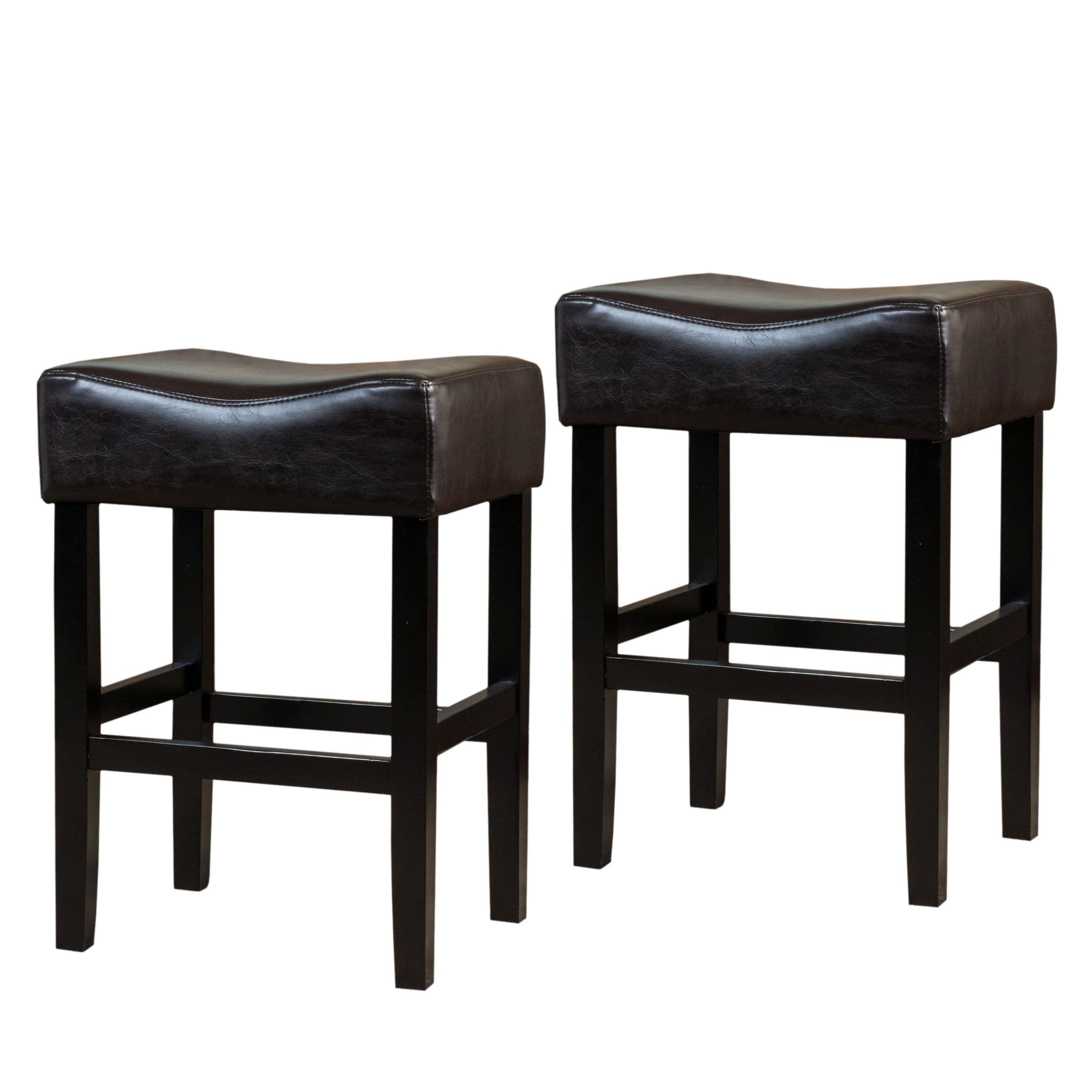Brown Leather and Wood Backless Saddle Counter Stools, Set of 2