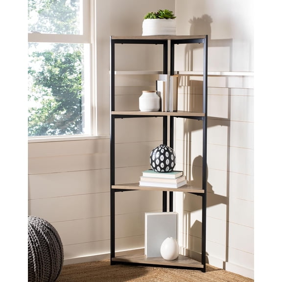 Home Logan Light Oak and Black 4-tier Corner Bookshelf with Storage for Bedroom Living Room Study