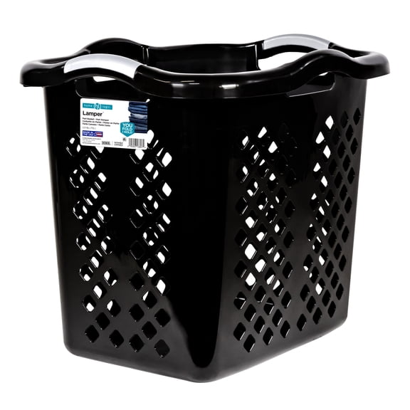 Home Logic 2 Bushel Lamper Plastic Laundry Basket with Silver Handles, Black, Adult