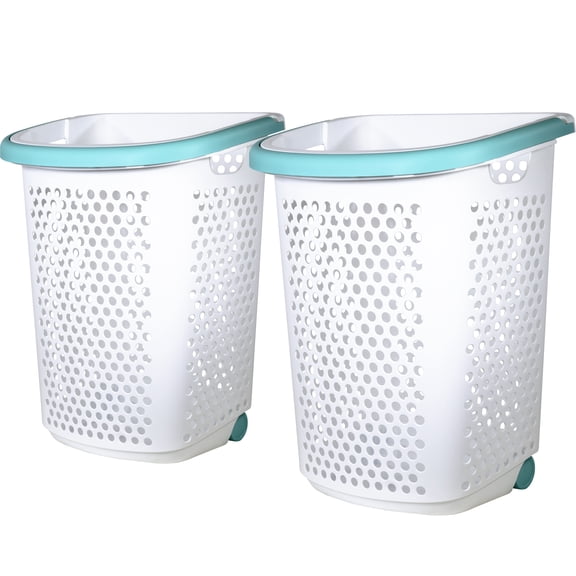 Home Logic 2 Bushel Rolling Plastic Laundry Hamper with Pop-up Handle, White, 2 Pack