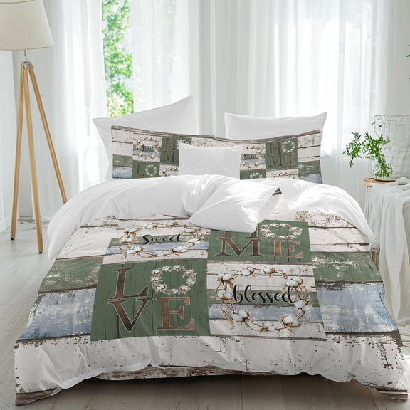 Home Love Words Full Size Bed Set,Country Shabby Wood Board Bedding for All Seasons,4 Pcs Bed Set,1 Quiltcover(86"x86"),1 Sheet(80"x116"),2 Pillowcases(30"x20")