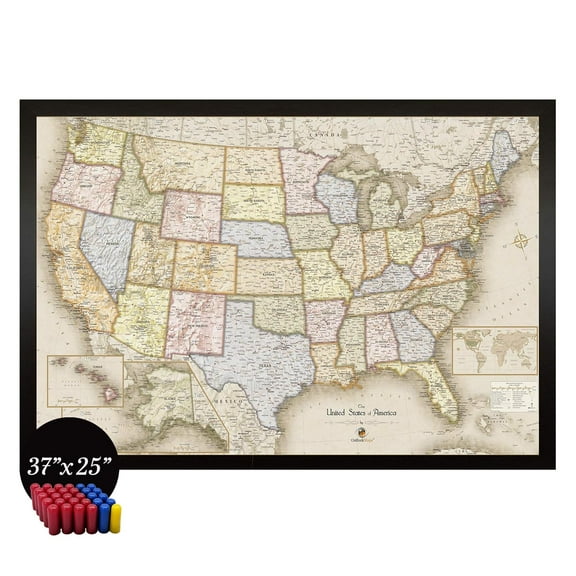 Home Magnetics Interactive United States Map Art | Framed Magnetic Geographic Map | 30 Marker Pins Included (37x25)