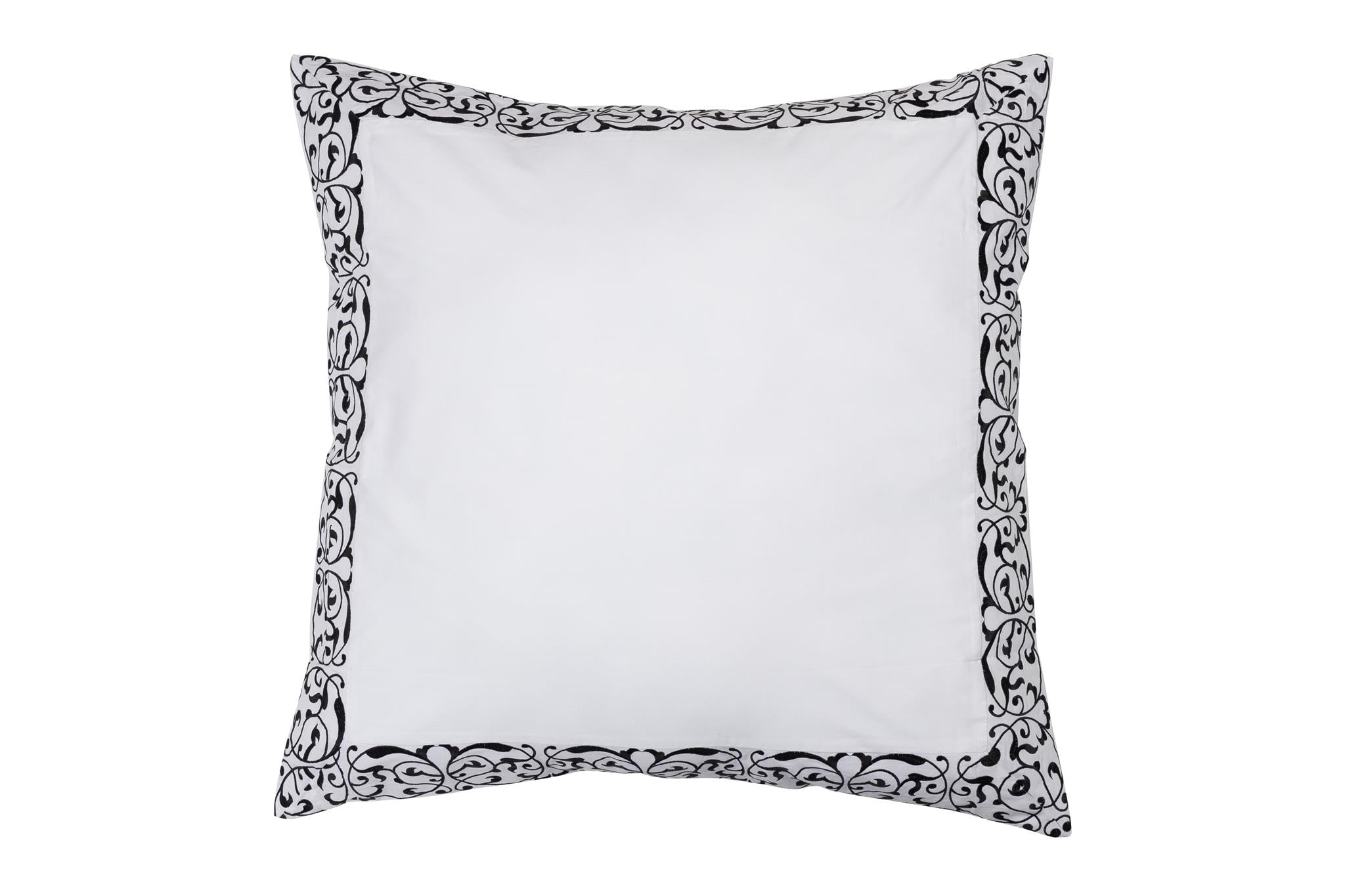 Pure White Cotton Euro Pillow Sham with Black Satin Embroidery