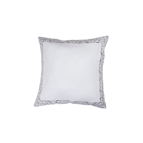 Home Maison Single (1) 100% Cotton Pure White Euro/Square Size Pillow Sham: Silver/Gray Decorative Floral Scroll Stitch 26in x 26in (Silver)