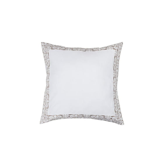 Home Maison Single (1) 100% Cotton Pure White Euro/Square Size Pillow Sham: Taupe/Gold Decorative Floral Scroll Stitch 26in x 26in (Gold)