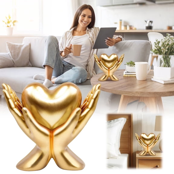 Home Mantle Decor Accents, Heart Statue Minimalist Heart Decoration Peace Sign Hand Sculpture for Shelf Decor Gold Decor for Living Room, Office, Dining Table Mother's Day Gifts