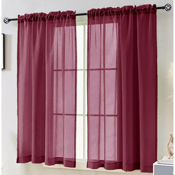 Home Mart Goods Burgundy Solid Color Rod Pocket Sheer Glam Elegant Curtain Set 63" Long - 2 Panels