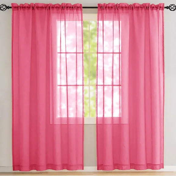Home Mart Goods Hot Pink Solid Color Rod Pocket Sheer Glam Elegant Curtain Set 63" Long - 2 Panels