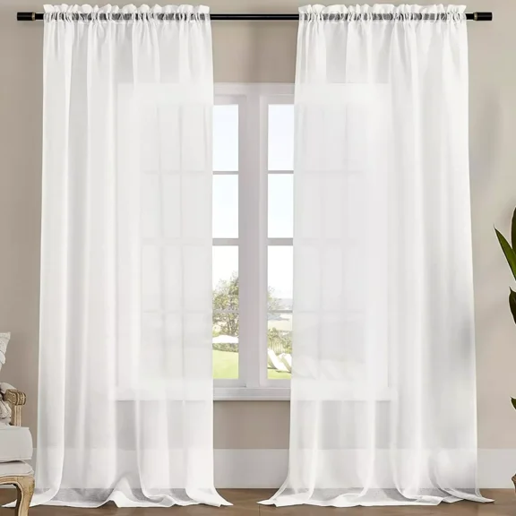 Home Mart Goods White Solid Color Rod Pocket Sheer Glam Elegant Curtain Set 63" Long - 2 Panels