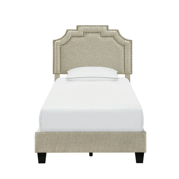 Home Meridian Shaped Twin All-In-One Upholstered Bed in Linen