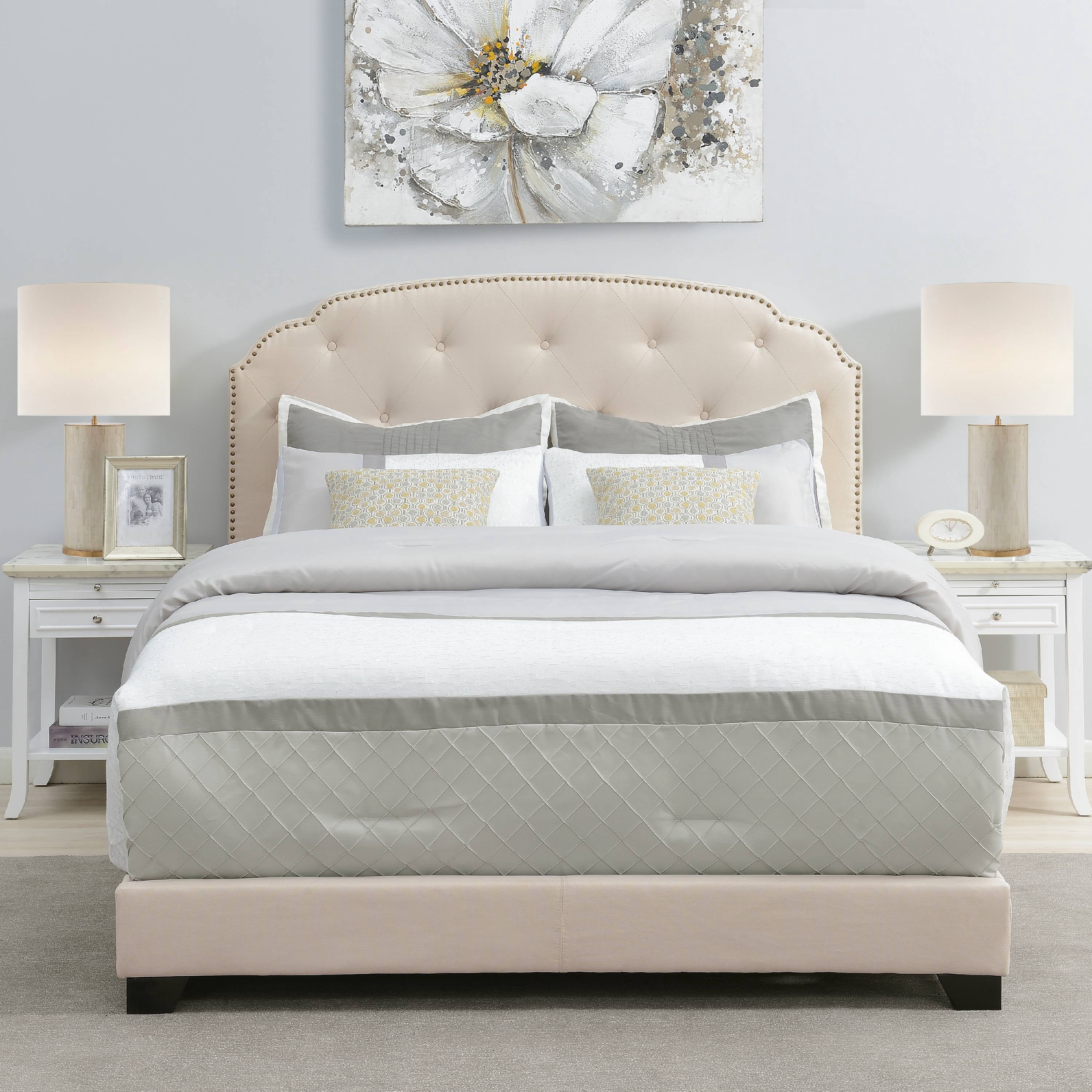 Home Meridian Tufted Nailhead Trimmed King Bed in Linen Beige