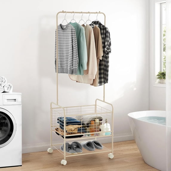 Home Metal Laundry Cart with Hanging Rack & Storage Shelves | 3-In-1 Rolling Hamper with Wheels for Clothes, Towels and Toys | Space Saving Organizer for Small Apartment/Bathroom