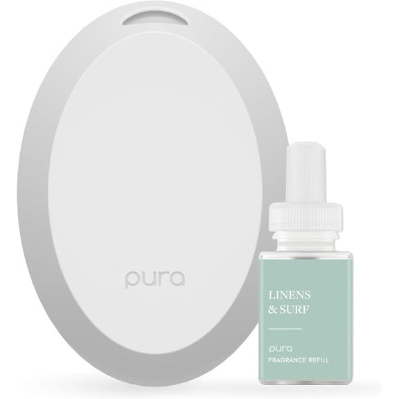 Home Mini Fragrance Diffuser for Small Spaces Adjustable Smart Home Device with LED Light & Automatic Vial Detection - Includes 1 Scent Refill - Linens & Surf