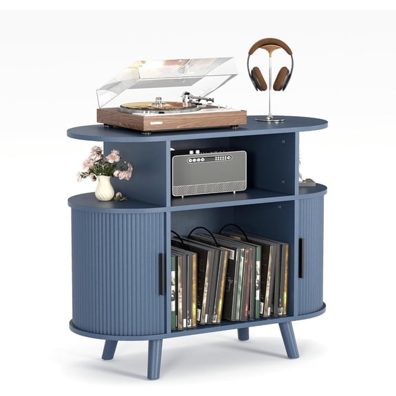 Home Modern Fluted Mid Century 35 in Turntable Cabinet, Large Round Record Player Stand with Charging Station and Display Shelf, Arched Wood Record Player Table for Living Room