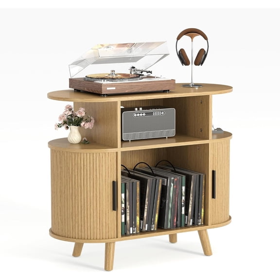 Home Modern Fluted Mid Century 35 in Turntable Cabinet, Large Round Record Player Stand with Charging Station and Display Shelf, Arched Wood Record Player Table for Living Room