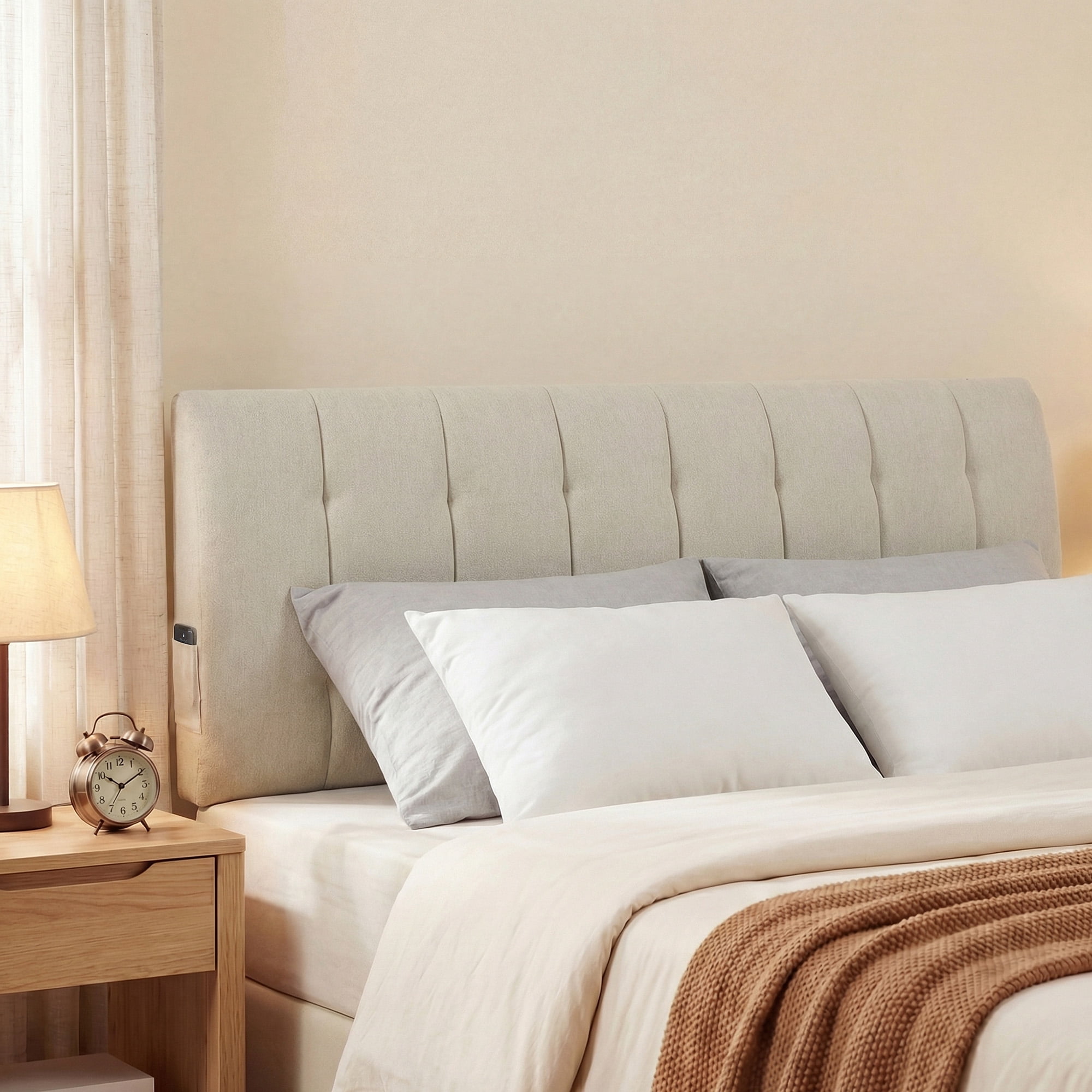 Home Modern Upholstered Headboard for Queen Beds,Stick on Headboard with Side Storage Bag, Headboard with Queen Size Memory Foam Head Board for Bedroom, Beige,Linen