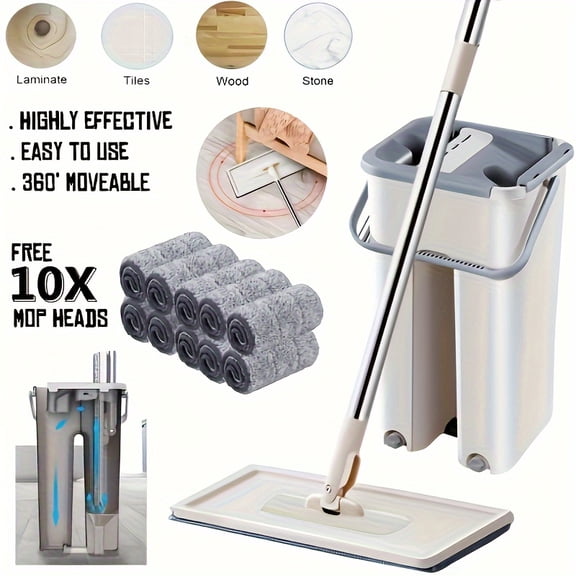 Home Mop and Bucket Set, Versatile Rotating Flat Mop with Water Scraping Bucket, Wet & Dry Cleaning, Lightweight Compact for Bathroom, Bedroom, Kitchen & Living Room