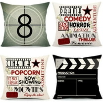 Home Movie Theater Pillow Covers Set of 4 16x16 Inch, Vintage Movie Room Accessories, TV Room Decorations, Retro Cinema Throw Cushion Case for Sofa Couch