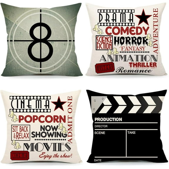 Home Movie Theater Pillow Covers Set of 4 16x16 Inch, Vintage Movie Room Accessories, TV Room Decorations, Retro Cinema Throw Cushion Case for Sofa Couch