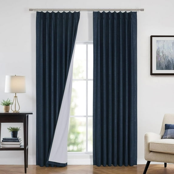 Home Navy Blue Pinch Pleated Full Blackout Curtains Linen Blended Room Darkening Curtain Panels 72 inch for Living Room Bedroom Thermal Insulated Pinch Pleat Drapes with Hooks 40" Wx72 Lx2