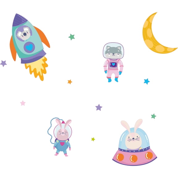 Home Nursery Art Racoon & Rabbit Astronauts Decoration Multicolored Stars Moon Design Vinyl Wall Decal Sticker - 21" x 28" Removable Kids Bedroom Outer Space Themed Animal Art Adhesive Wall Decor