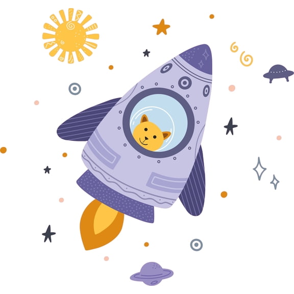 Home Nursery Cartoon Art Animal Space Shuttle Decor Outer Space Design Vinyl Wall Decal - 18" x 20" Removable Kids Bedroom Multicolored Space And Animal Themed Adhesive Wall Sticker Decoration