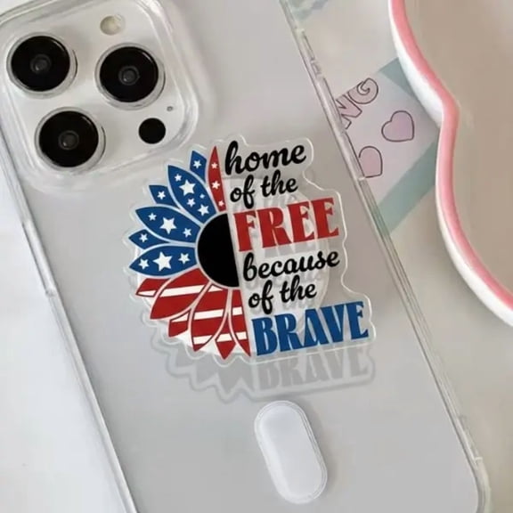 Home Of The Free Because Of The Brave Sunflower American Flag Patriotic Phone Grip Red White Blue