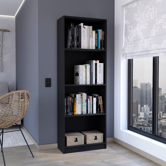 Home Office 4-shelf Black Bookcase - Enhances Book And Decor Presentation Bookcase, Stores Books Accessories Neatly