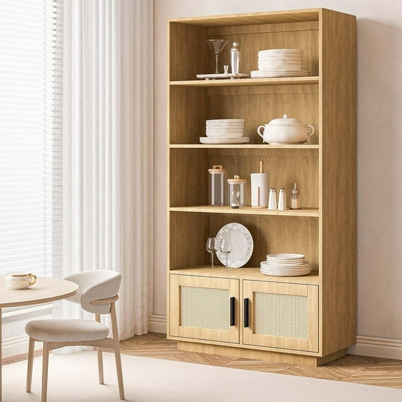 Home Office 5 Tier Bookself Boho Bookcase with Rattan Doors, Wooden Bookcase and Bookshelf with Storage, Tall Book Stand, Large Bookshelf for Living Room, Bedroom, Kitchen